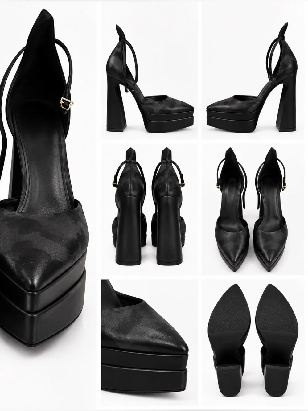 Black Platform Pointed Toe Slingback Heels